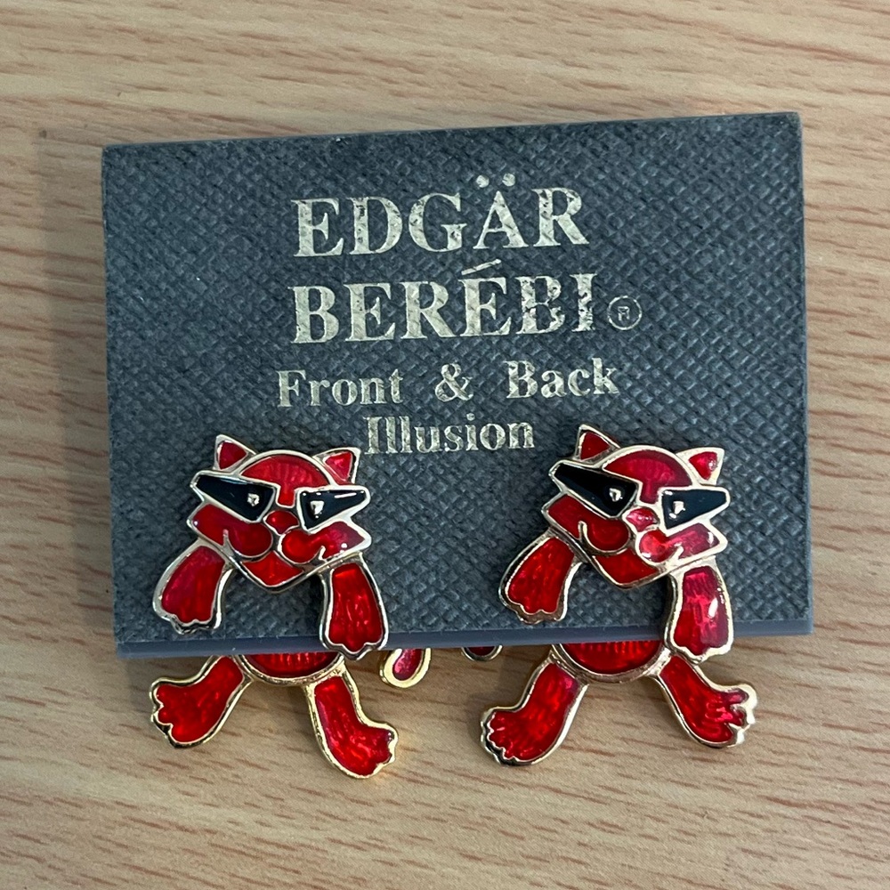EDGAR BEREBI Articulated Red Cat Enamel Pierced Earrings Front & Back Illusion
